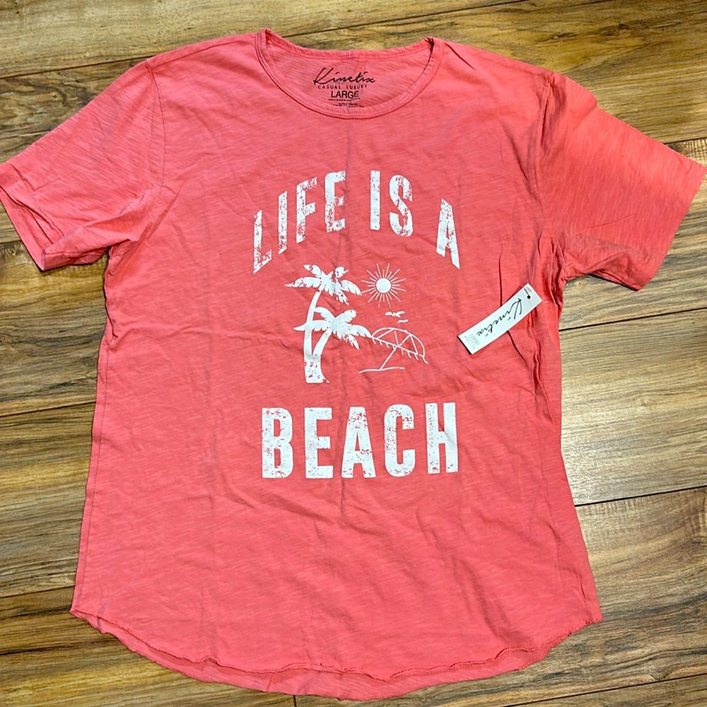 NWT. Woman’s Kinetix casual luxury pink “life is a beach” T-shirt. Size L.